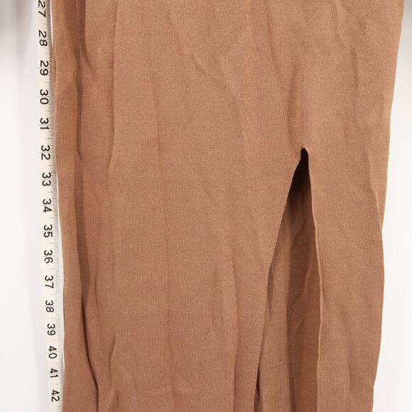 House of CB London Maxi Dress Tan Nude Ribbed Long Sleeve Slit Scoop Neck Large - Picture 5 of 11